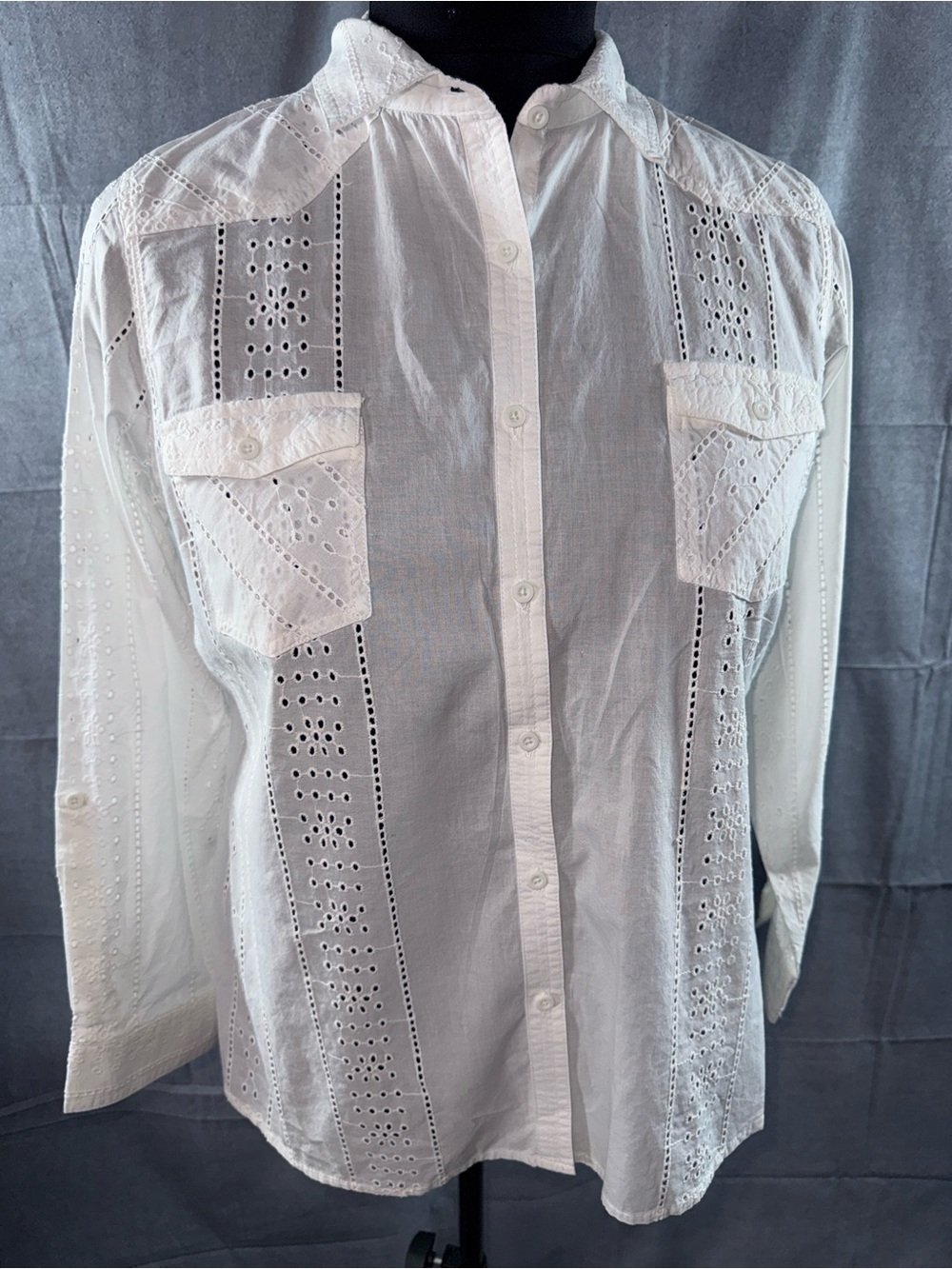 3049-dressbarn White Eyelet Cotton Button-Down Shirt